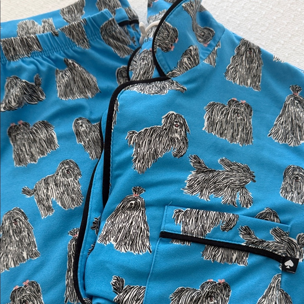 kate spade Blue Dog-Print Pajama Set with Black Piping